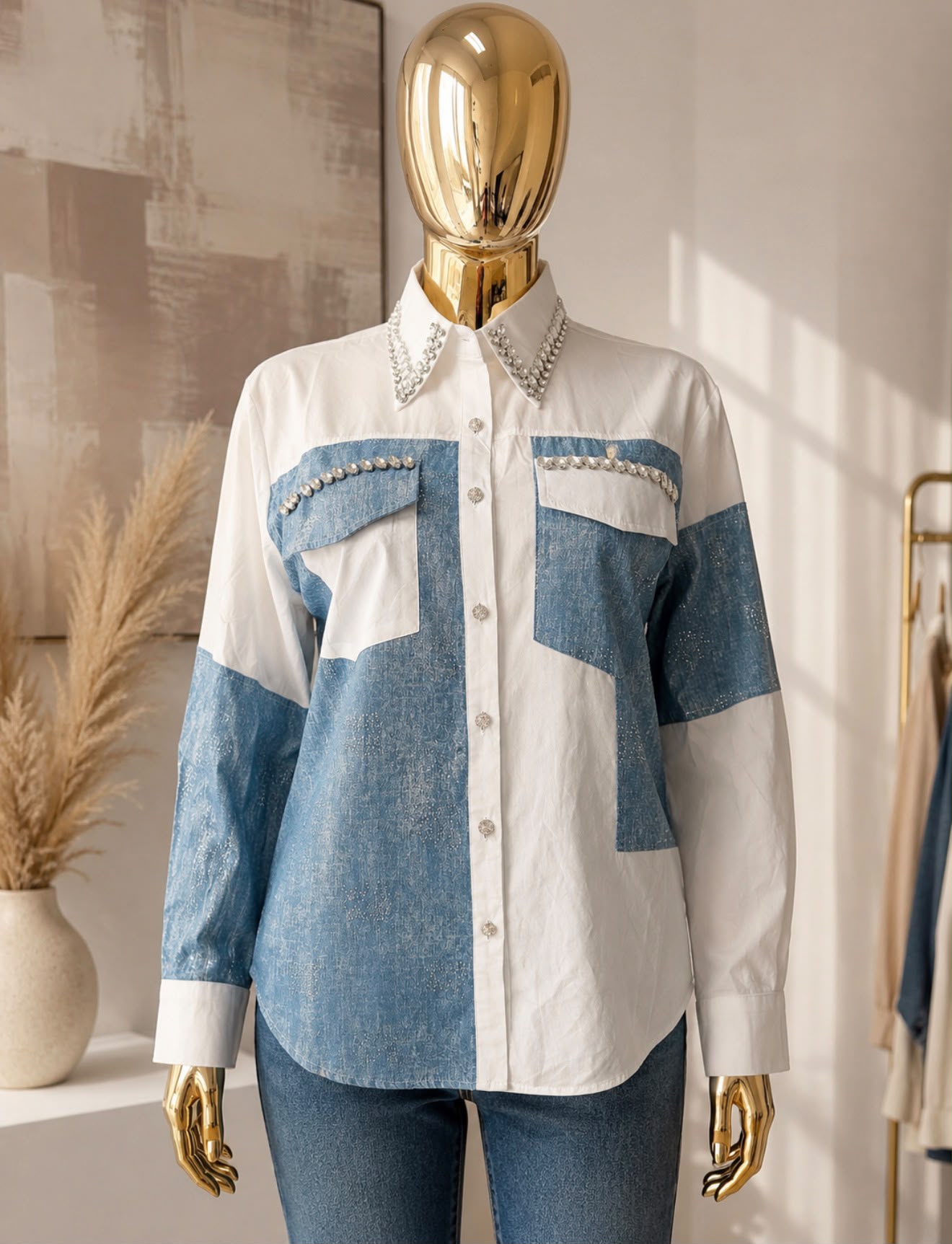 Céline Pearl Patchwork Denim Shirt