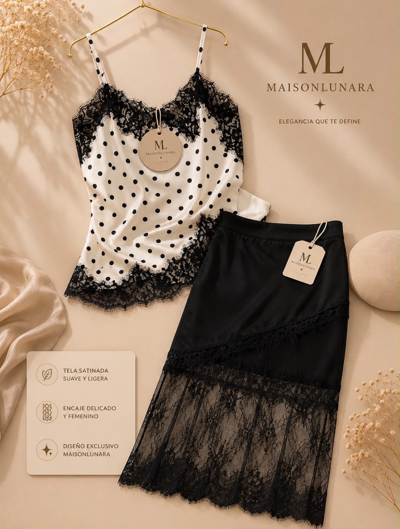 Pois Satin Lace Cami & Skirt